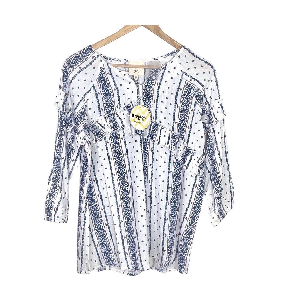 Hayden Los Angeles Girls Blue White Striped Ruffle‎ Boho Blouse Size 13/14